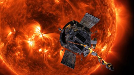 An illustration of a dark gray probe in front of a scorching sun.