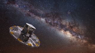 an illustration of the Gaia space telescope with the Milky Way in the background
