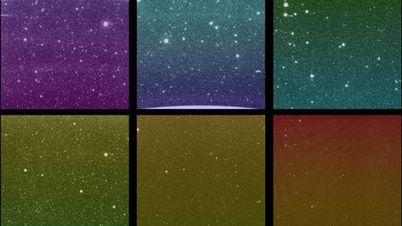 SPHEREx's complete field of view spans the top three images, the same region of sky is captured in different wavelengths in the bottom three.