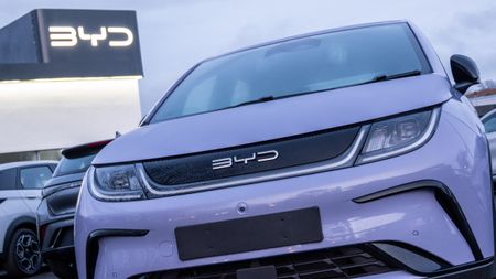 BYD electric vehicles displayed outside a dealership in Bristol, England.