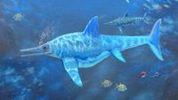 an illustration of an ichthyosaur swimming underwater with ancient fish
