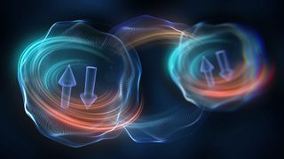 an abstract illustration with swirls of light around up and down arrows