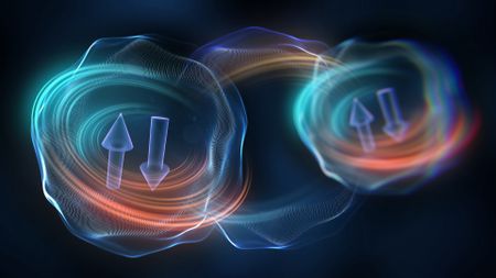 an abstract illustration with swirls of light around up and down arrows