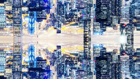 Image manipulation of the Chicago skyline with mirror effect, creating a new dimension with the city connecting upside down by the skyscrapers.
