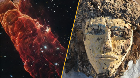 Split image of a "cosmic tornado" and a face depiction from a wooden coffin in Tombos. 